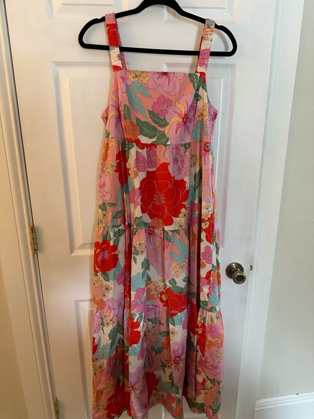 Easel Poplin Maxi Sundress with Red Pink & Turquoise Blooms NWT